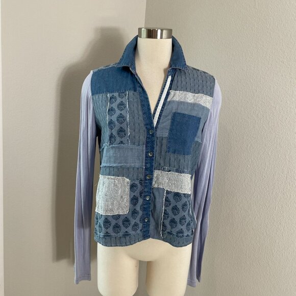 SUNDANCE Womens Medium Patchwork Denim Button Up Shirt Roll Tab Sleeve Top - Picture 1 of 10